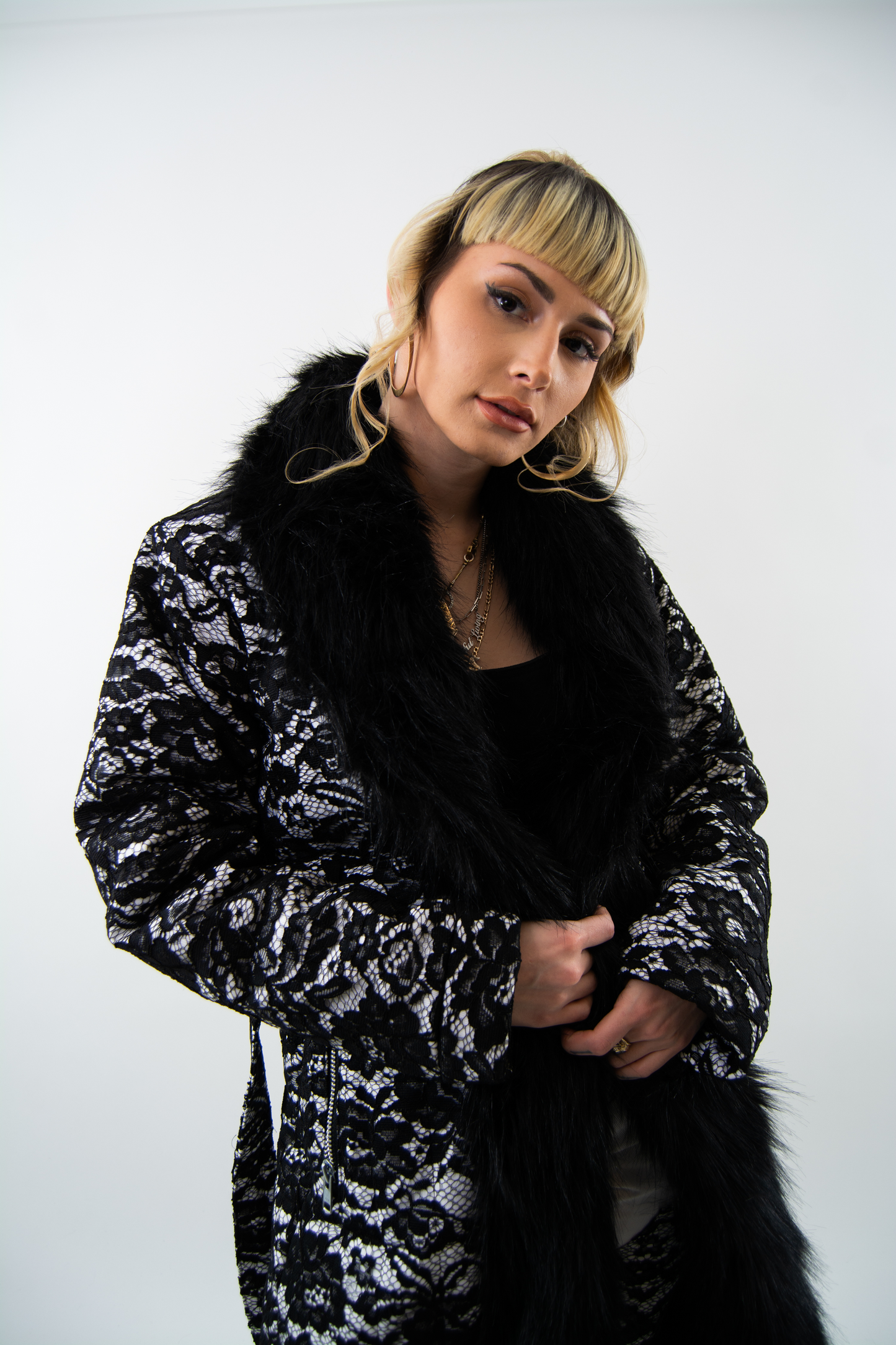 Fur Trench with Lace Appliqué
