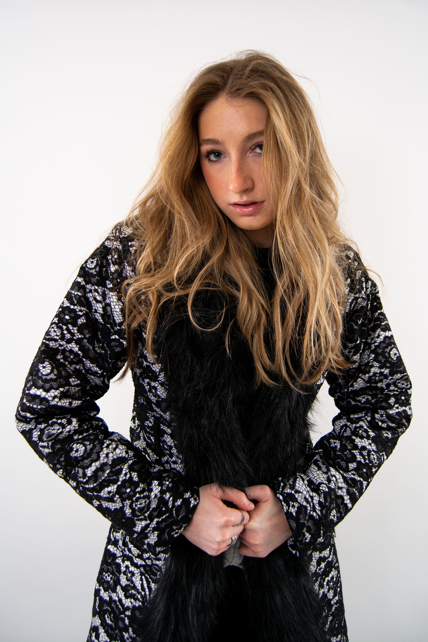 Fur Trench with Lace Appliqué