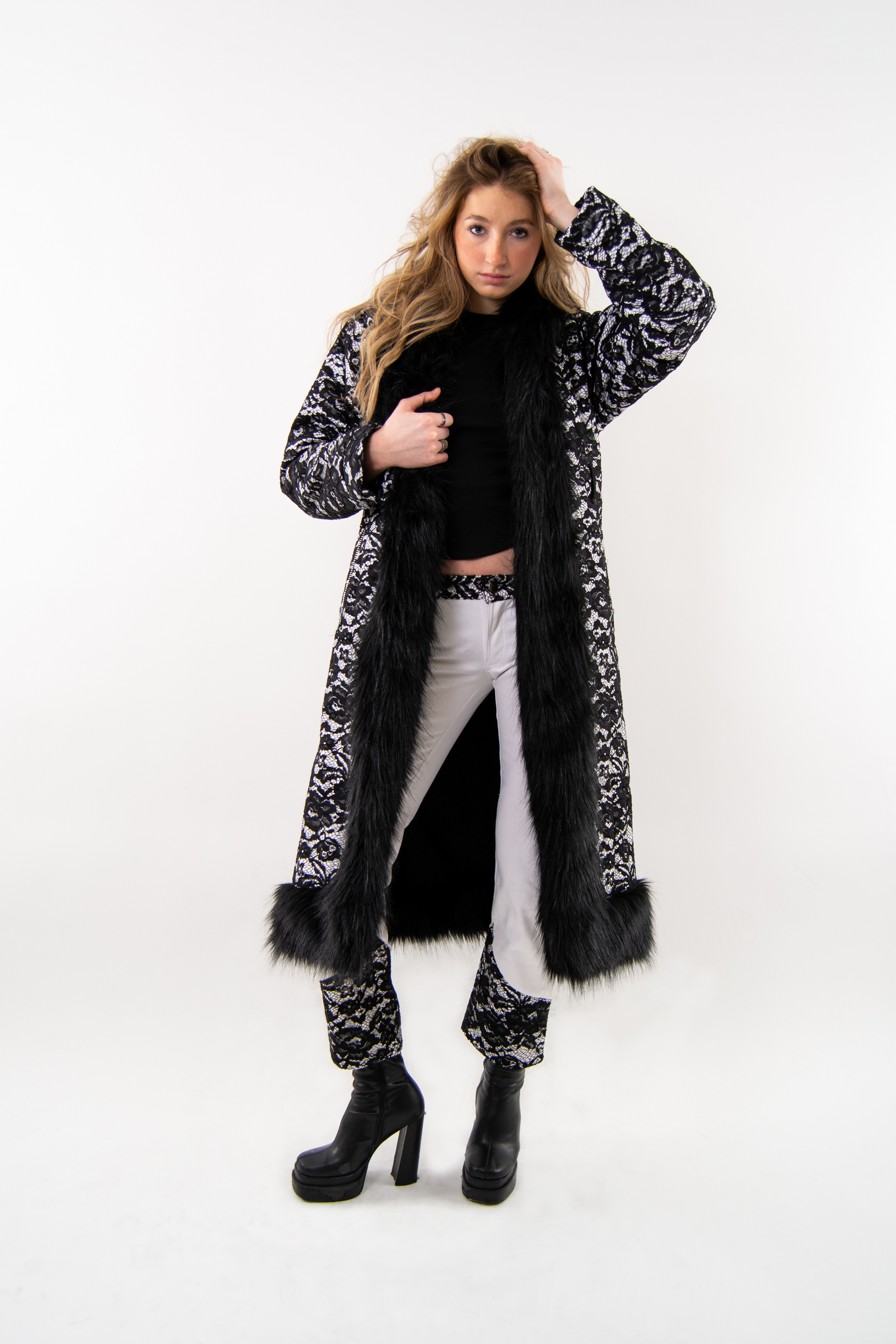 Fur Trench with Lace Appliqué