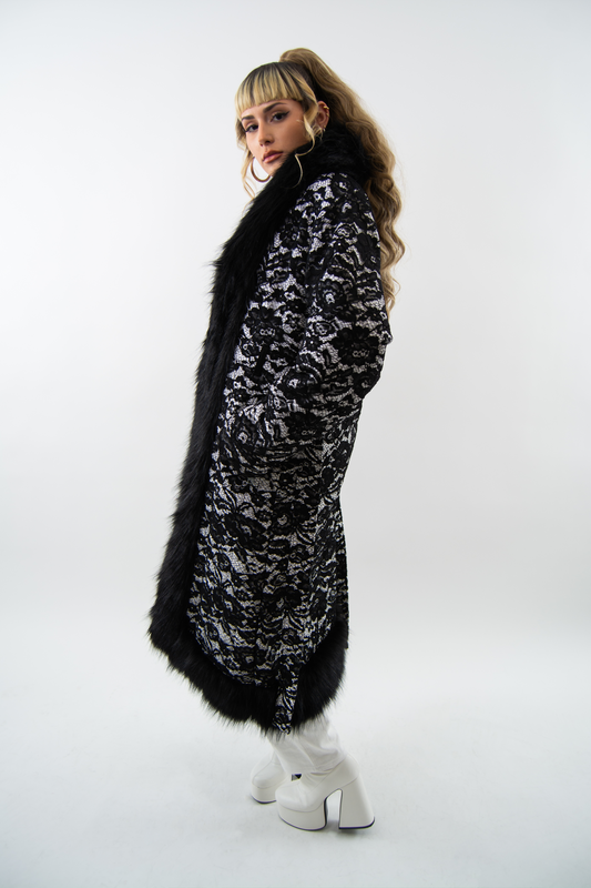 Fur Trench with Lace Appliqué